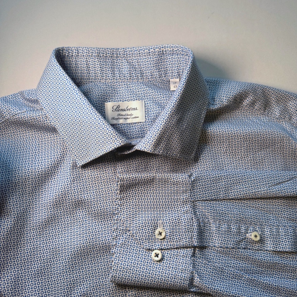 Stenstroms Fitted Dress Shirt Mens 17 43 Blue White Twofold Cotton Geometric Dot